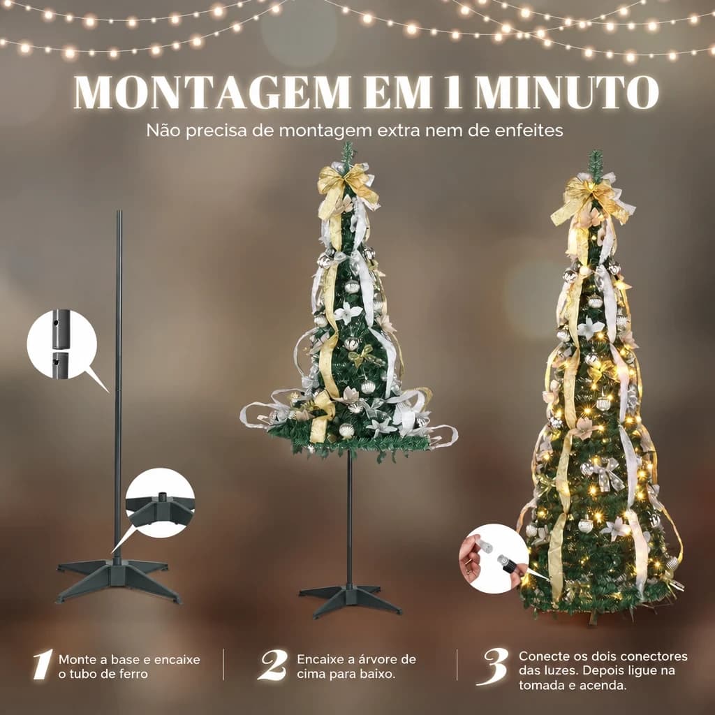 Os três passos da montagem: montar a base com o tubo, encaixar a árvore de cima para baixo e ligar na tomada